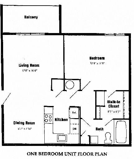 Floor plan for 1 bed, 1 bath, 616 sqft